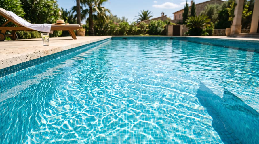 Agua de piscina cristalina y brillante bajo el sol de verano