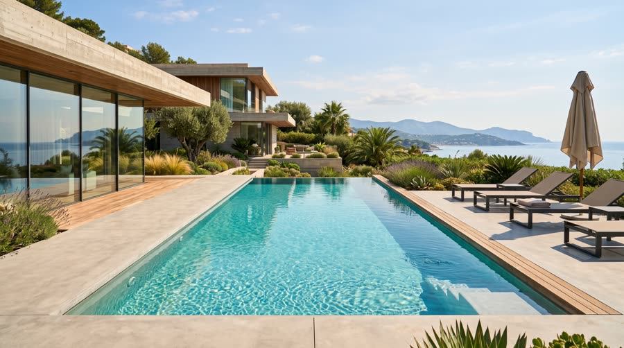Piscina de hormigón moderna con agua turquesa en un patio