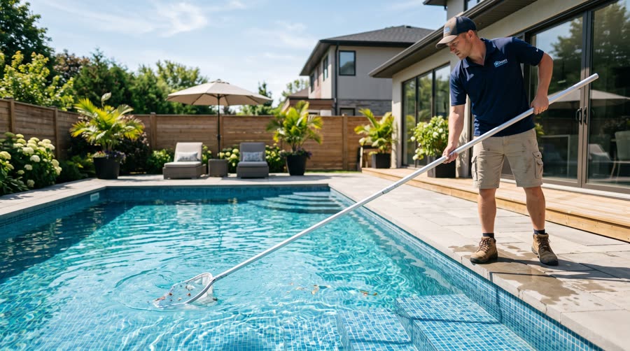 Técnico realizando mantención a una piscina de agua cristalina