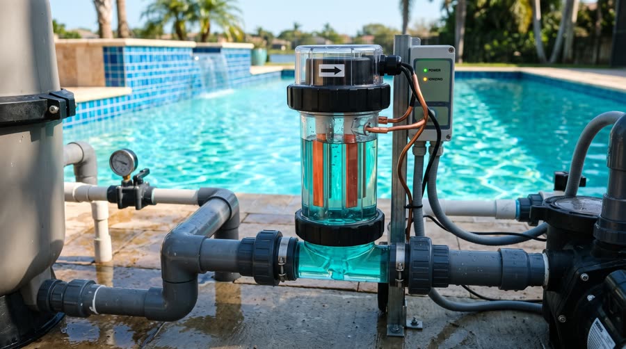 Celda de ionización de cobre instalada en la tubería de una piscina