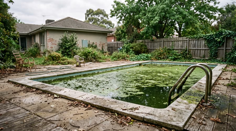 Piscina con agua verde por algas que necesita tratamiento