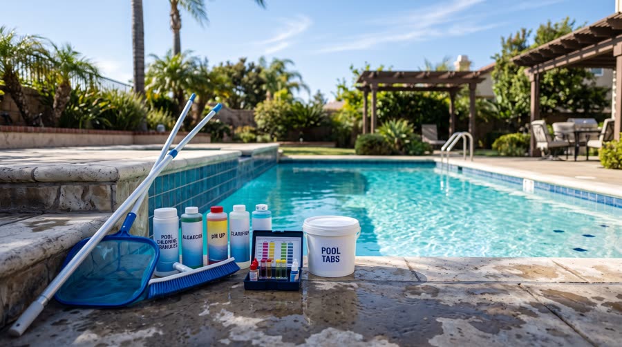 Equipo y productos de mantención junto a una piscina limpia