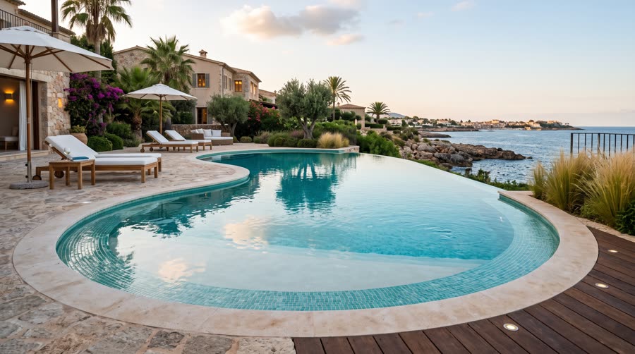 Piscina con revestimiento premium de acabado brillante y agua turquesa
