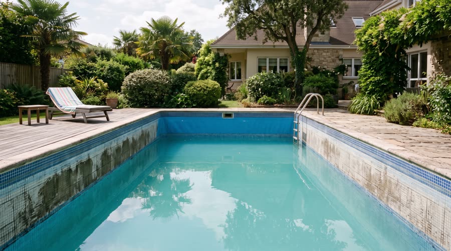 Nivel de agua bajo en una piscina, señal de una posible fuga
